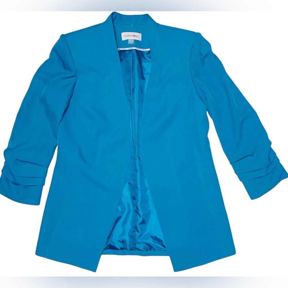 CALVIN KLEIN TIMELESS OPEN FRONT BLAZER SCRUNCHED 3/4 LENGTH SLEEVES BLUE SIZE 6